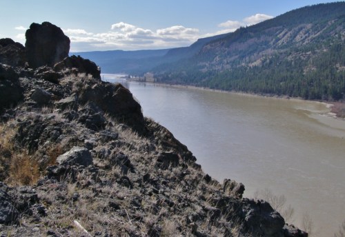 And from the same spot, a few days later, after some days rain, and enough warmth to result in melting snow in the high places. Our rockhounding grounds are seriously diminished; the river is on the way up once again.