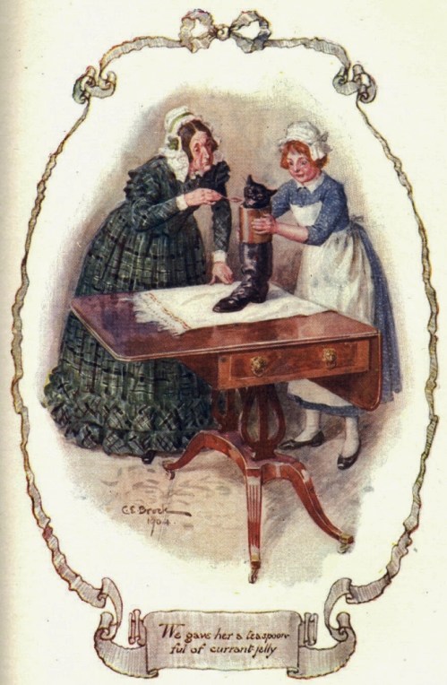 Yes, these women are stuffing a cat into a boot. I shan't tell you why; you will have to read the novel yourself to find out. But I assure you that Kitty comes to no harm, and the "operation" is a decided success! (You'll never guess it; it's a uniquely Cranfordian situation!)