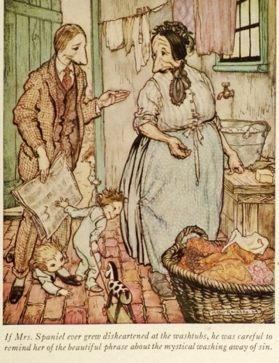 Gissing, the patient Mrs. Spaniel, and the puppies.