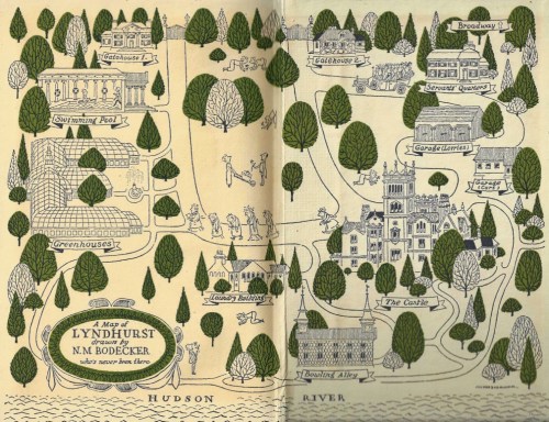 Gorgeous endpaper illustrations show a map of Helen Gould Shepard's favourite "home", the family country estate of Lyndhurst. Small illustrations depict incidents described in the memoir: the nighttime procession of the entire household to see the fabulous night-blooming cereus in the conservatory; grubbing up dandelions in the lawn under Mother Shepard's watchful eye; going to church en masse packed into one of the nine Shepard motorcars; swimming in the Greek-columned pool, watched over by a full-time lifeguard, whose main claim to usefulness was that he had once rescued one of the many Chinkys from a watery death!