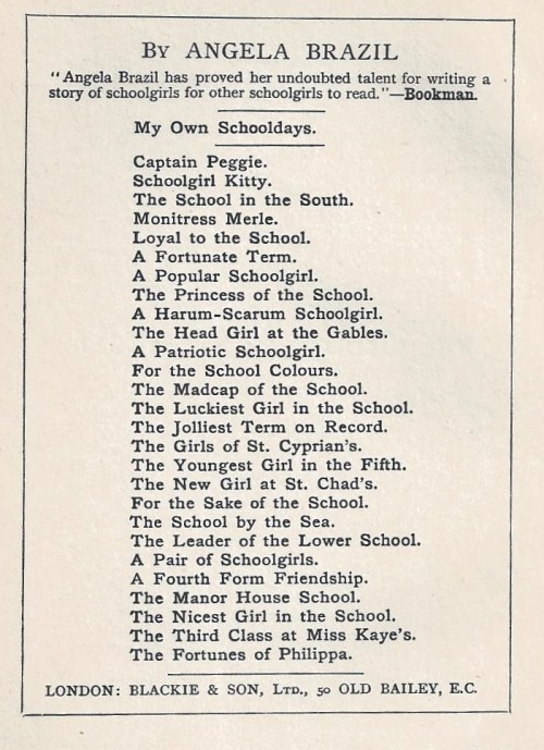 A liost of Angela Brazil titles from the 1926 edition of For the Sake of the School, which was originally published in 1915.