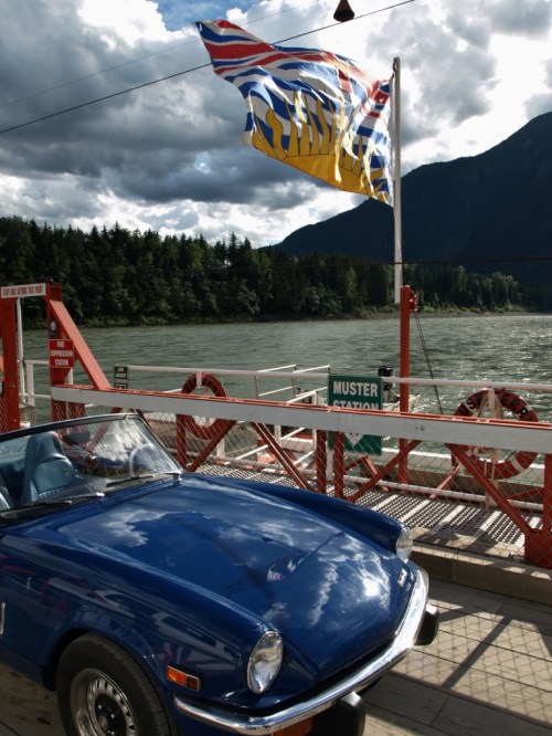 Crossing the Skeena River by 2-car reaction ferry, Usk, B.C.