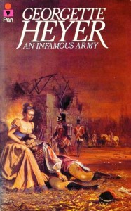 And one of Heyer's least favourite - and unapproved - Pan paperback covers. "Whatever is that scantily clad woman doing on a battlefield? Did the illustrator not even read the book?!"